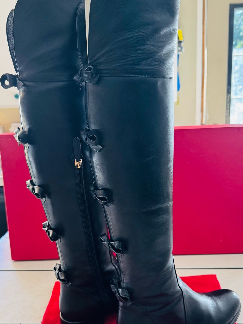 Valentino Garavani Black Over-the-Knee Leather Boots with Bow Accents